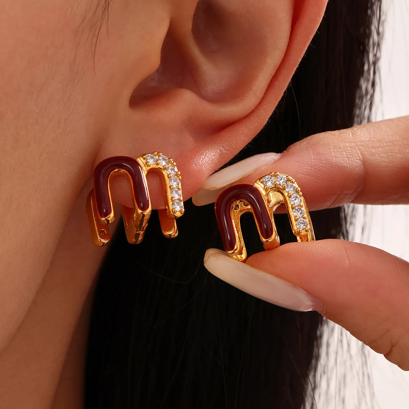 Wine Red Enamel Earrings For Women Copper Gold Plated Trendy Female Ear Studs Girls Charming Jewelry