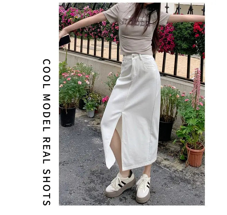 Casual High Quality Maxi Denim Skirts for Women Summer 2025 Fashion White Jeans Dress Long Y2k Medium-length A- Line Skirt Denim