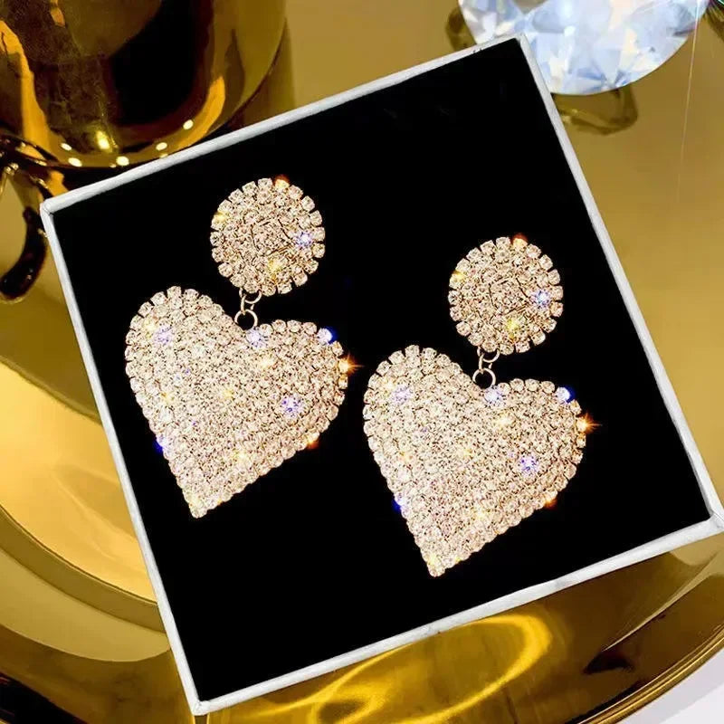 Heart Earrings  Women's Luxurious Geometric Full Rhinestone Earrings Korean Gold Color Love 2023 Fashion Jewelry Accessories
