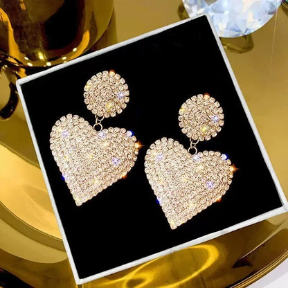 Heart Earrings  Women's Luxurious Geometric Full Rhinestone Earrings Korean Gold Color Love 2023 Fashion Jewelry Accessories