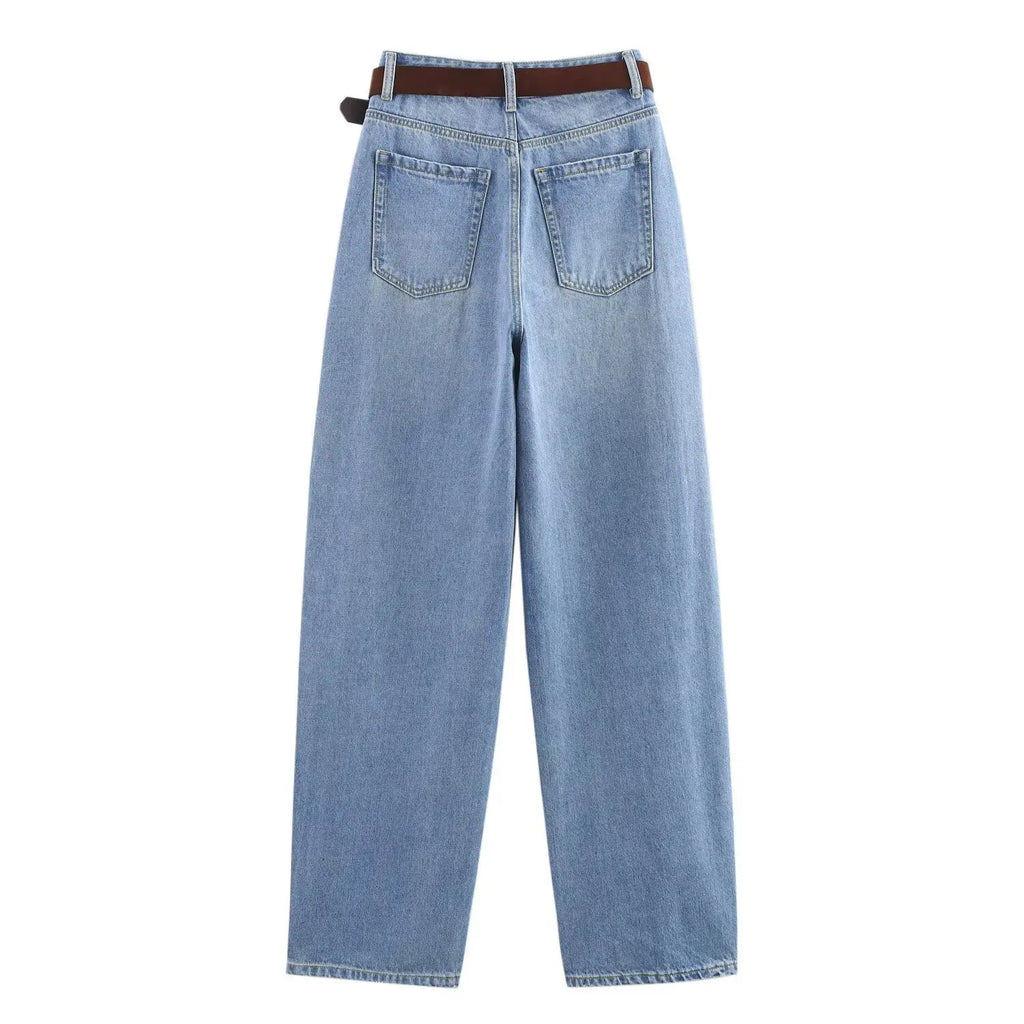 Women's new chic fashion With belt loose side pockets casual versatile jeans retro high waisted zipper women's denim pants