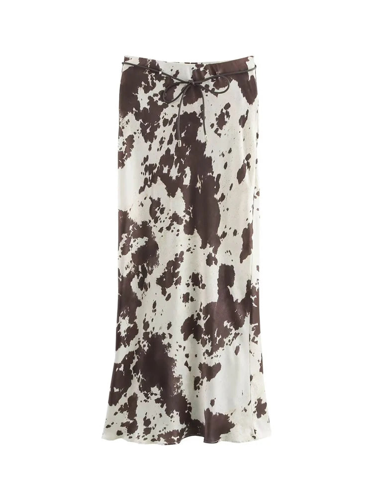 MUJER Print Satin Long Skirts for Women High Waist Midi Skirt Woman Spring Belt Women's Skirt Cylinder Vintage Women Skirt Sets