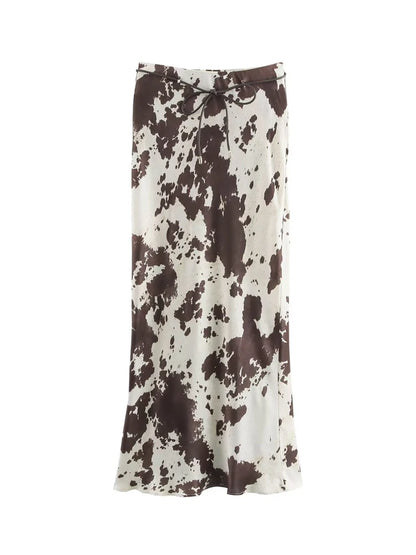 MUJER Print Satin Long Skirts for Women High Waist Midi Skirt Woman Spring Belt Women's Skirt Cylinder Vintage Women Skirt Sets
