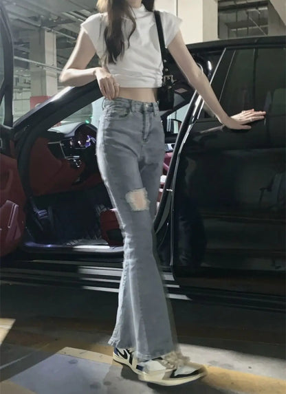 Denim Pants for Women Blue Womens Ripped Jeans Slim Fit Straight Leg Bell Bottom Trousers Original Emo Wholesale Stylish Wide A