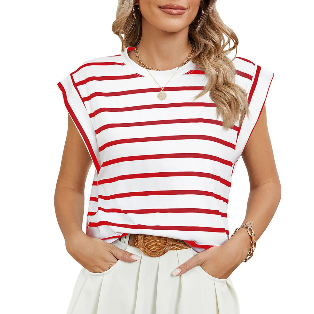 Tops for Women Trendy Summer Casual Short Sleeve Basic Textured Stripe Solid Color Round Neck T Shirts Blouse 2024