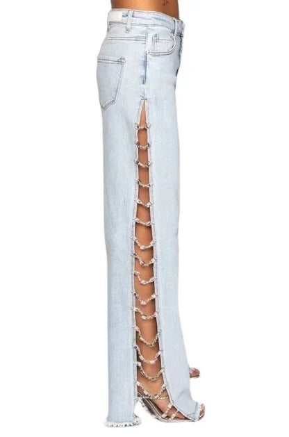 Women Denim Long Jeans with Drill Chains Straight Wide-leg Jeans High Waist Ripped Jeans for Women Summer Thin Side Slit Pants