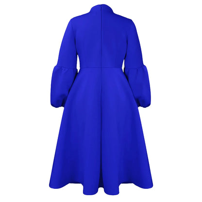 Elegant Dresses for Women Bow Collar Full Sleeve High Waisted A Line Mid Calf Luxury Female Birthday Party Dinner Vestidos Mujer