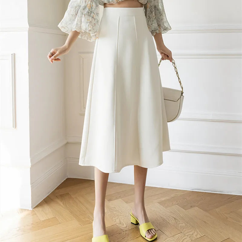 Women's Skirt 2025 Spring Women High Waist Solid Vintage Girl's Waist Down Skirt Knee-length A-line Fashion Thin Skirt for Women