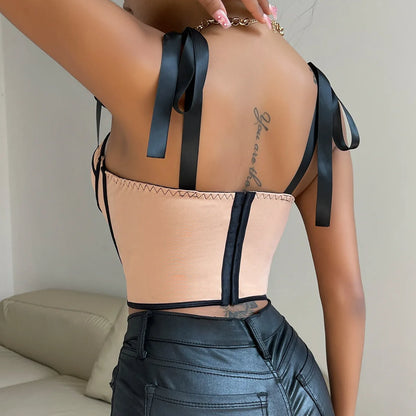 Woman Clothing Top Women T-shirt Tank Top Female Clothes Tops Tanks Camis Crop Top Y2K Sexy Ribbon Tie-Up Fishbone Camisole