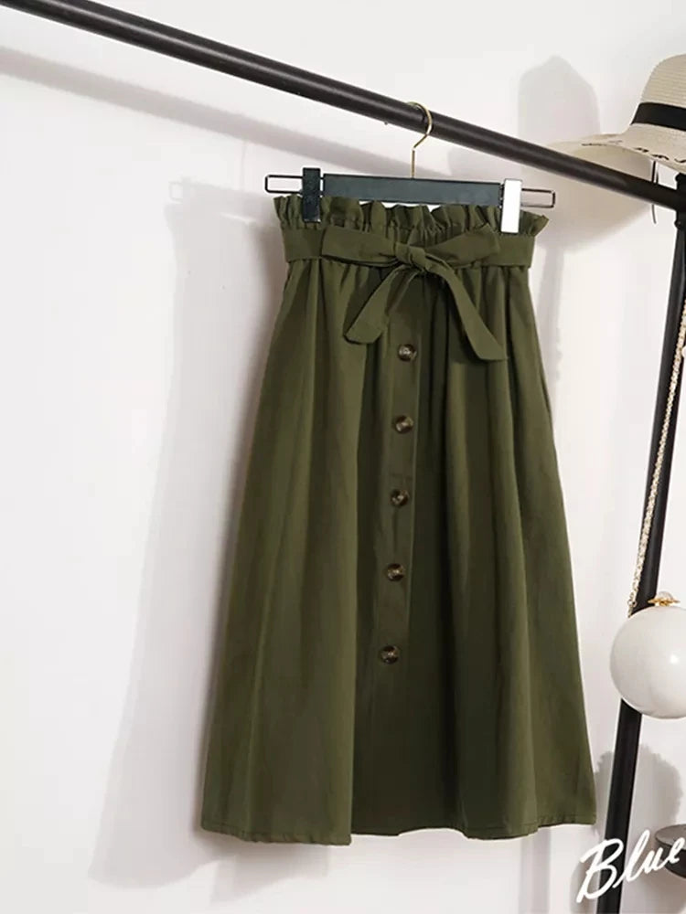 Summer Autumn Skirts Womens Midi Knee Length Korean Elegant Button High Waist Skirt Female Pleated School Skirt