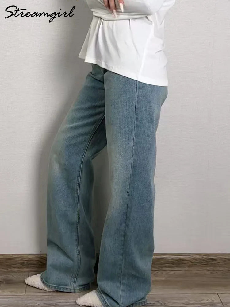 Blue Jeans Women High Waist 2025 Loose Casual Boyfriend Long Jeans For Work Ladies Simple Straight Leg Denim Pants For Women
