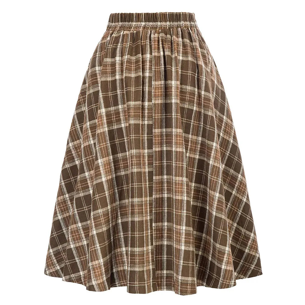Women Skirt Skirt A Line Skirt Elegant High Waist Ladies Loose Dress Long Skirt Vintage Women Tartan Check Plaid
