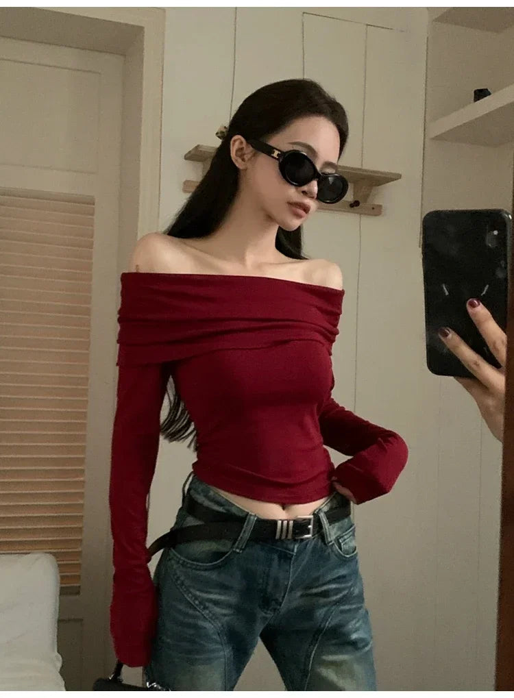 Women Sexy Tops Off Shoulder Long Sleeve Knitted T-shirt Solid Elegant Autumn Winter New Spicy Girl Slim Fit Short Red Crop Top