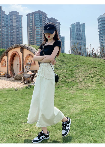 Apricot Denim Skirt Summer Women's 2024 New High Waist Slim Fashion Design Pocket Hip A-line Ankle-length Jean Skirt