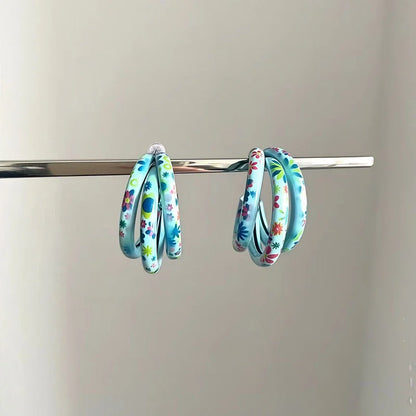 A Pair of Exaggerated Printed Three-ring C-shaped Earrings for Women, Suitable for Gifting and Fashionable Earrings