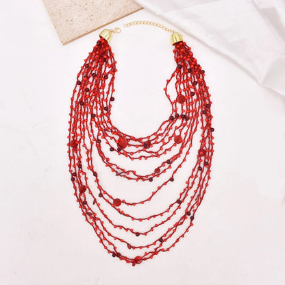 Multi Layer Red Irregular Beaded Necklace for Women European American Fashion Hip-Hop Exaggerated Bib Collar Jewelry Accessories