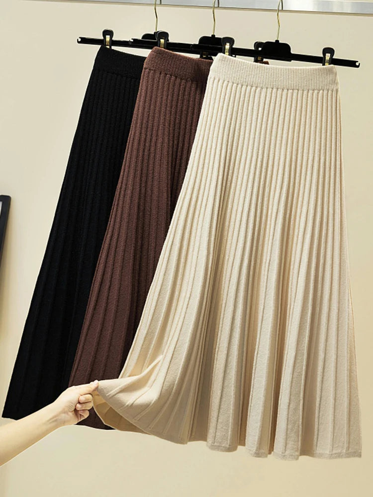 Knitted Skirts Women Autumn Thick Pleated Long Skirt Vintage High Waist Ribbed Female Solid Skirts Casual Streetwear 2025