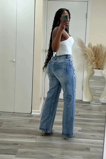 Fashion Women Cotton Jeans High Waist Vintage Wash Denim Tassels Cross Trousers Y2K Streetwear Straight Leg Pants 2024