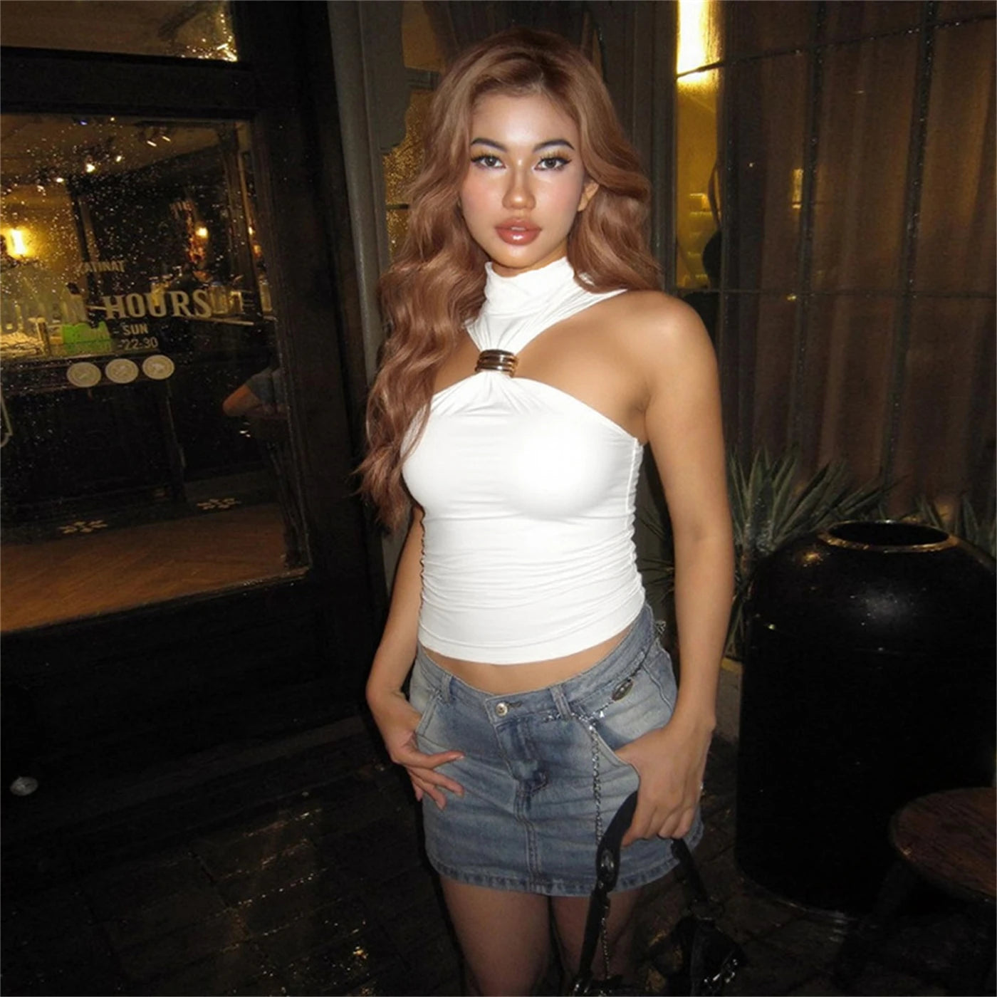 Women Fashion Sexy Tank Top Turtleneck Sleeveless Off-Shoulder Pullover Y2K Vest Summer Hanging Neck Cropped Tops Party Street