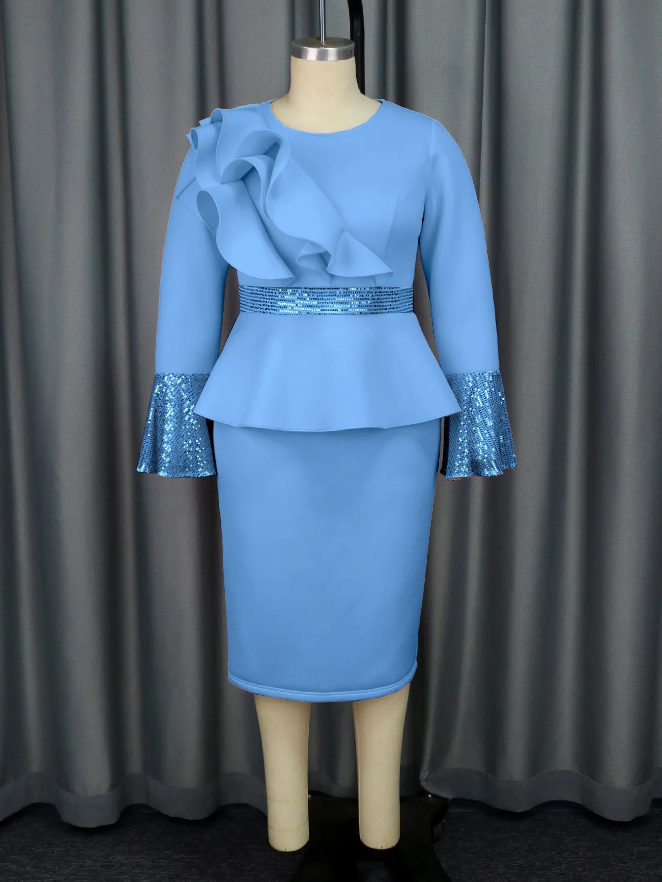 Church Dresses for Women Elegant Ruffles Long Flare Sleeves Sequined Party Bodycon Peplum Classy Occasion African Wedding Guest