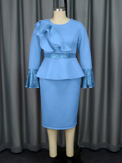 Church Dresses for Women Elegant Ruffles Long Flare Sleeves Sequined Party Bodycon Peplum Classy Occasion African Wedding Guest