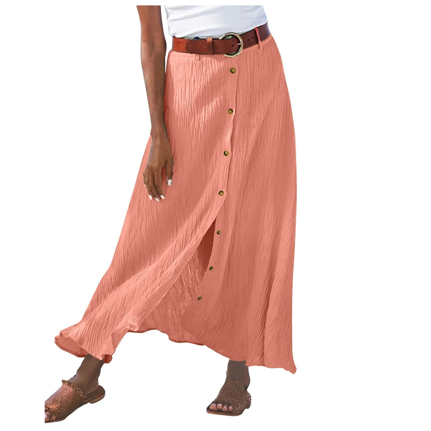 Midi Skirts For Women Bohemian Style Daily And Versatile Half Skirt Fashion Plain Color Basics High Waist Beach Button Dress