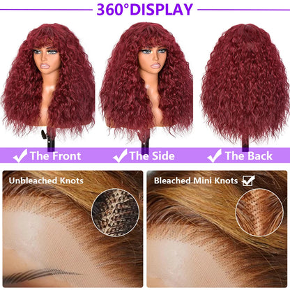 Glueless 200% Density 99J Burgundy Full Machine Made Deep Wave Wig with Bangs Water Wave Red Curly Human Hair Wigs Wear and Go