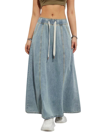 Harajuku Denim Skirt y2k Aesthetic Elastic Drawstring High Waist A Line Flare Jean Skirt Ladies Vintage Skirts Streetwear