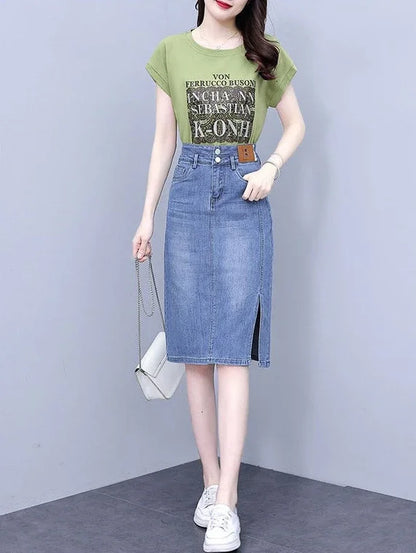 Jeans Skirts for Women Woman Denim Skirt High Waist Midi Maxi Long with Pocket Slit Chubby Modest Quality Luxury Elegant Stylish