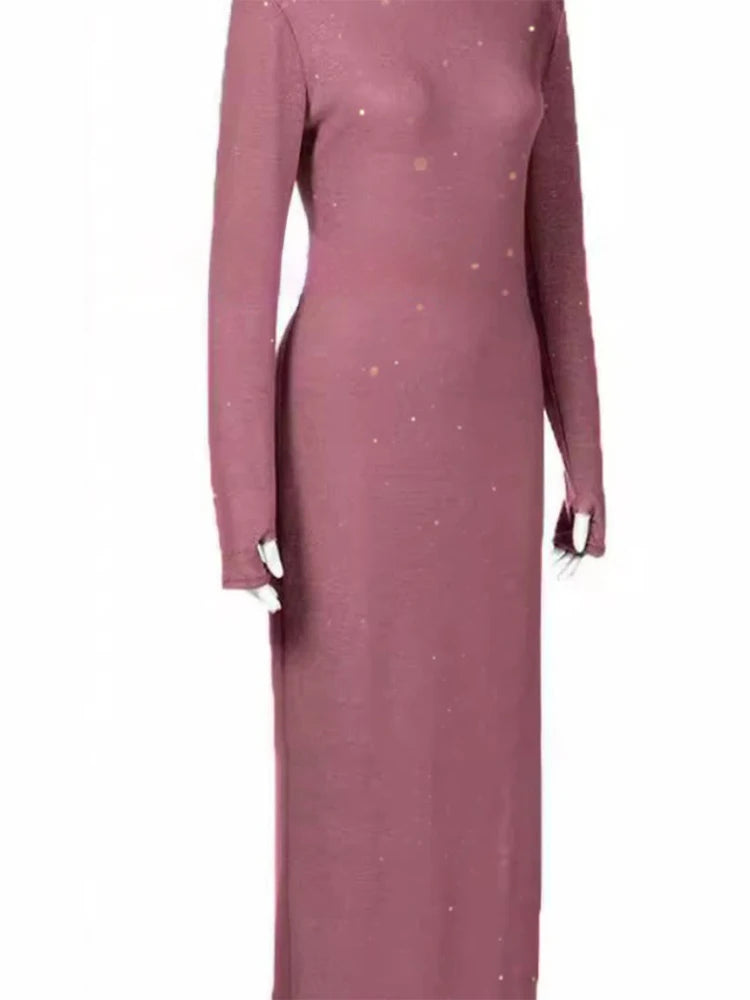 Women Elegant Turtleneck Long Dresses Fashionable Solid Color Long Dresses Slim Fit Sexy Bottom Slit Skirts Spring Autumn New