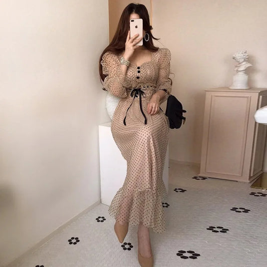 Women Clothing Vestidos Vintage Dress Elegant Square Neck High Waisted Lace Organza Polka Dot Dresses Chic Summer 2025 Slim