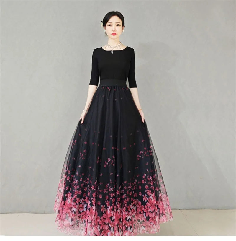 Skirt Women's Long Skirt 2024 New High Waist Slim A-line large Swing Skirt Female A-Line Skirts Summer Sakura Gradient Long Skir