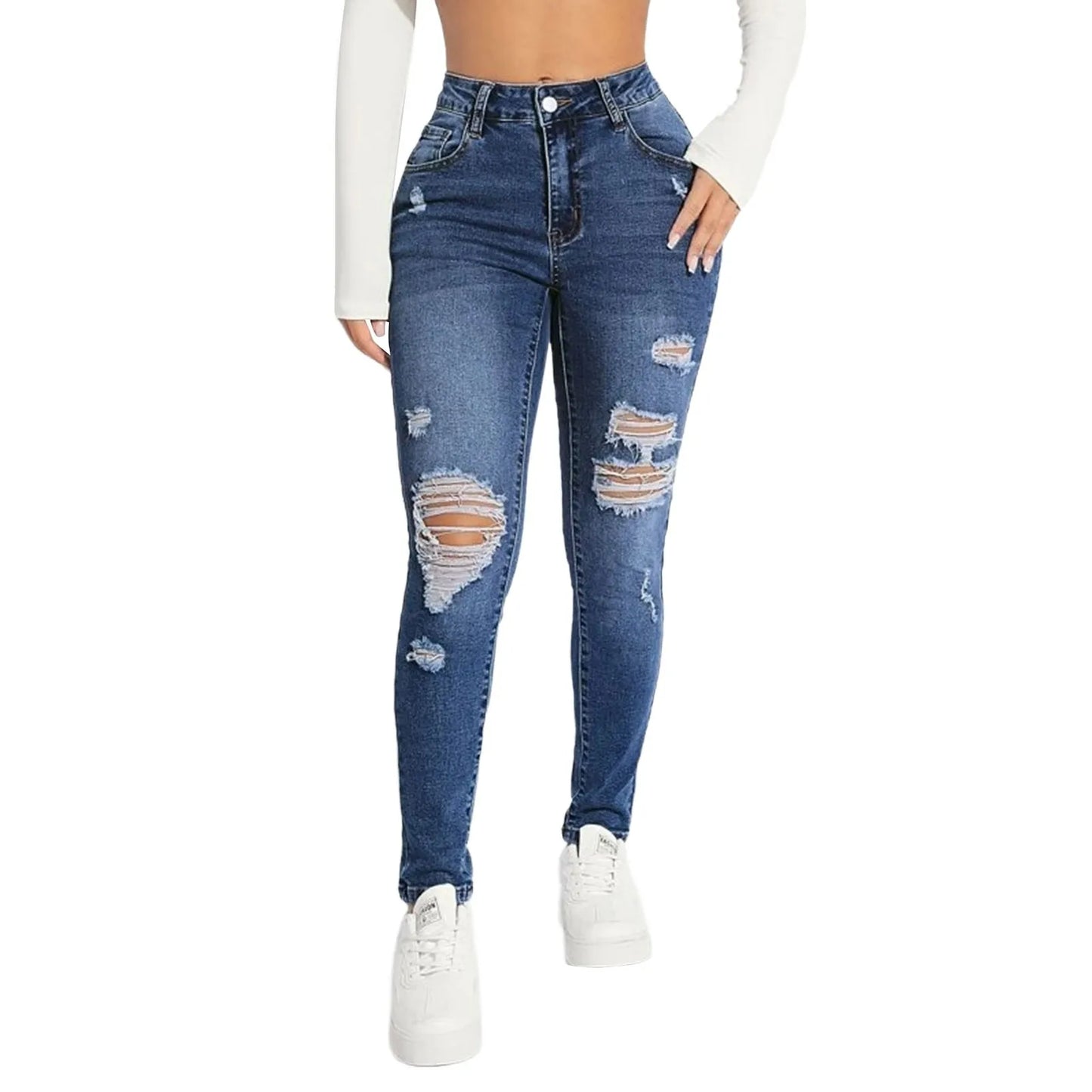 Women'S Skinny Trend Ripped Casual Fashion Small Foot Jeans Elastic Waist Drawstring Jeans Fashion Skinny Slim Ankle-Length Pant