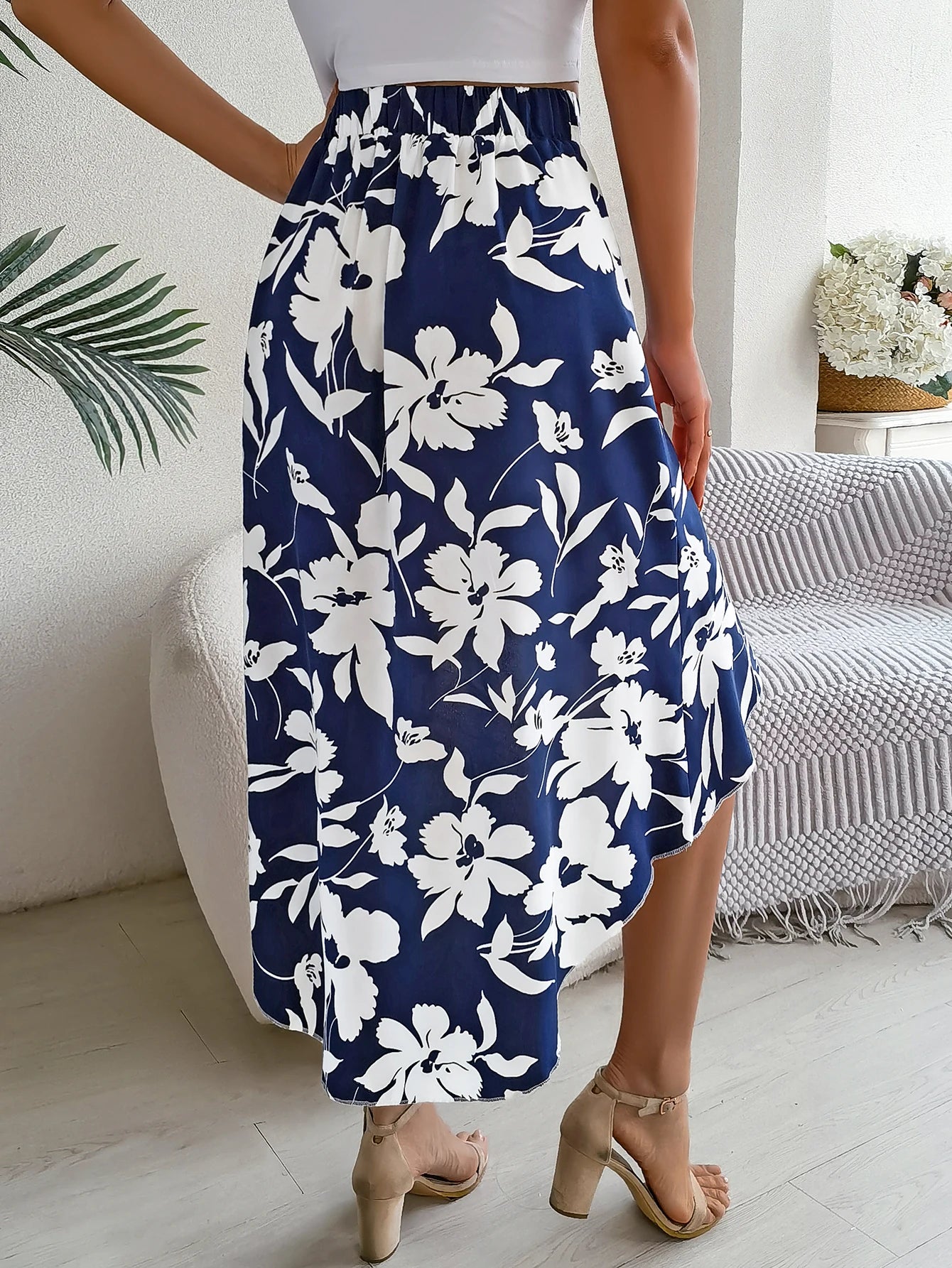 Spring Summer Skirts for Women Casual Floral Print Asymmetric Ruffle Edge Skirt