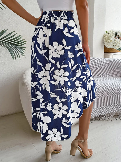 Spring Summer Skirts for Women Casual Floral Print Asymmetric Ruffle Edge Skirt