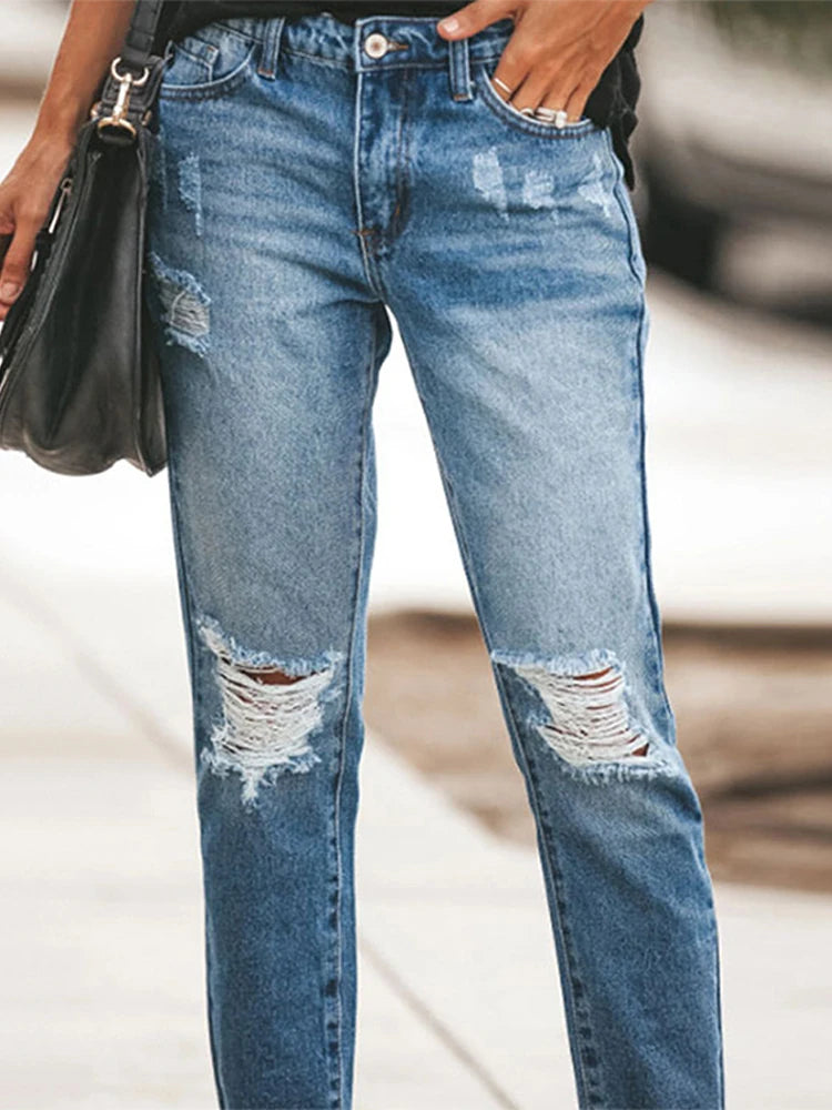Women‘s Fashion Straight Jeans Casual High Waisted Washed Skinny Trousers Ripped Slim Pants For Lady Commuter 2025 Fashion Trend