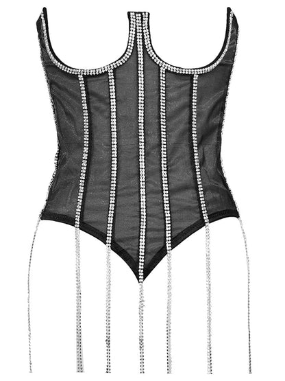 Women Tunic Bras In Waist Corset Tops Fashion Diamond Luxury Diamond Tassel Corset Slim Vest Sexy Tmesh Sheer Top Female 2025