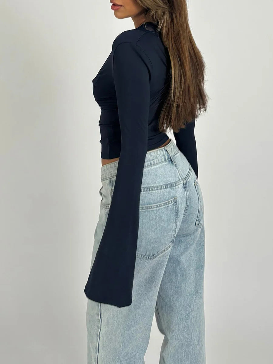 Women Fall Tops  Lace Trim Deep V Neck Bell Sleeve Crop Shirt Casual Streetwear