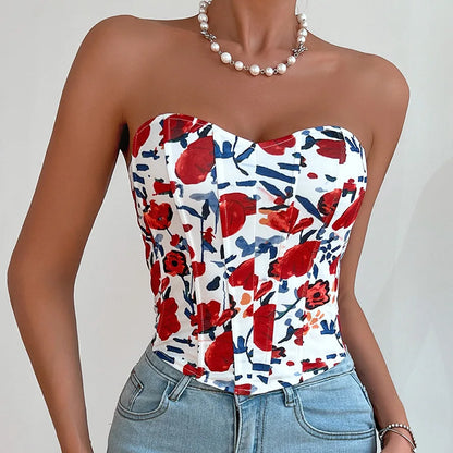 Women Floral Top Sexy Spicy Girl Tank Top Low cut Open Back Flower Wrapped Chest Diamond Fish Bone Strap Waist Vest Tank Top