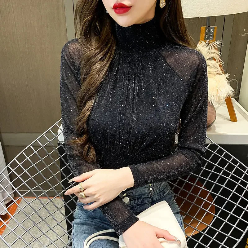 Tops Woman Autumn Winter Red Long Sleeve T Shirt for Women Rhinestone Turtleneck Glitter Sequin Cheap Clothes Elegant Clearance