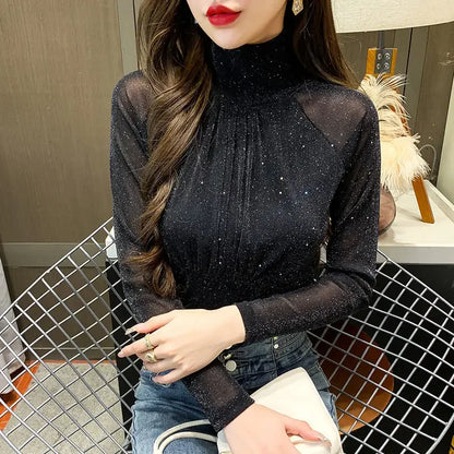 Tops Woman Autumn Winter Red Long Sleeve T Shirt for Women Rhinestone Turtleneck Glitter Sequin Cheap Clothes Elegant Clearance