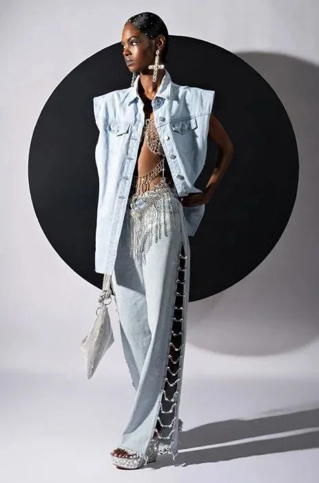Women Denim Long Jeans with Drill Chains Straight Wide-leg Jeans High Waist Ripped Jeans for Women Summer Thin Side Slit Pants