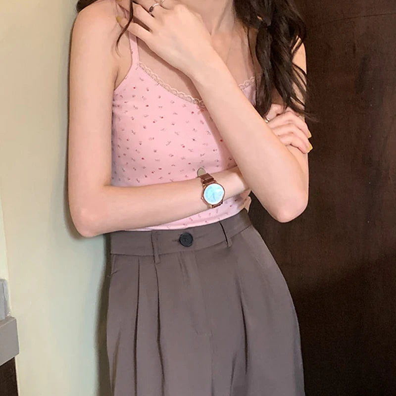 Women Tops Summer Girls Tops Short Slim Lace Sweet Print Crop Top Ladies Bottoming Cute Tops Top Mujer Top Femme