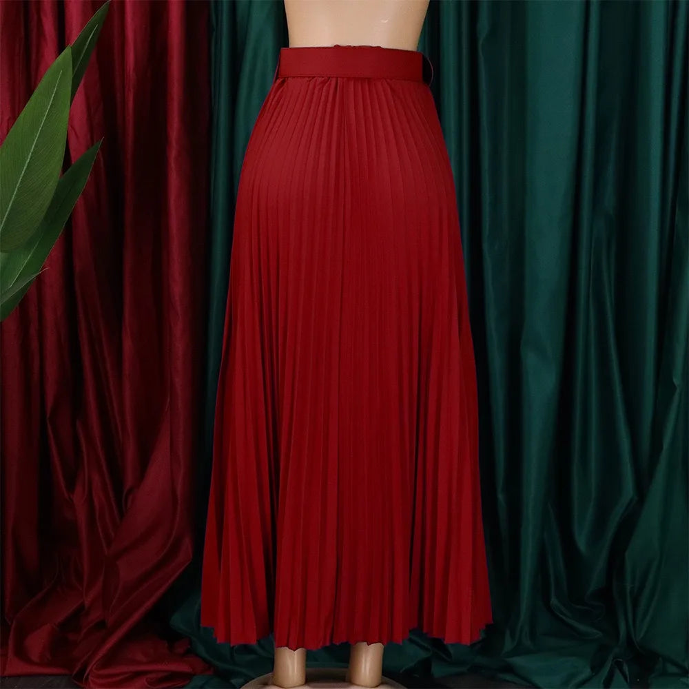 Elegant Pleated Skirts for Woman 2024 New High Waisted Belt Waisted Ankle Length Autumn Winter Wear Bottoms Skirts Clothes Hot