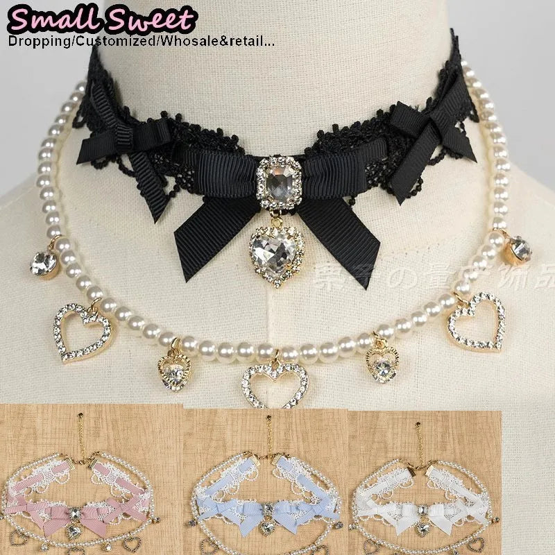 Handmade Choker Necklaces Double Pearl bow love jewelry gemstone sweet Cute Kawaii Collar Lolita Collarbone Chain Cecklace Women