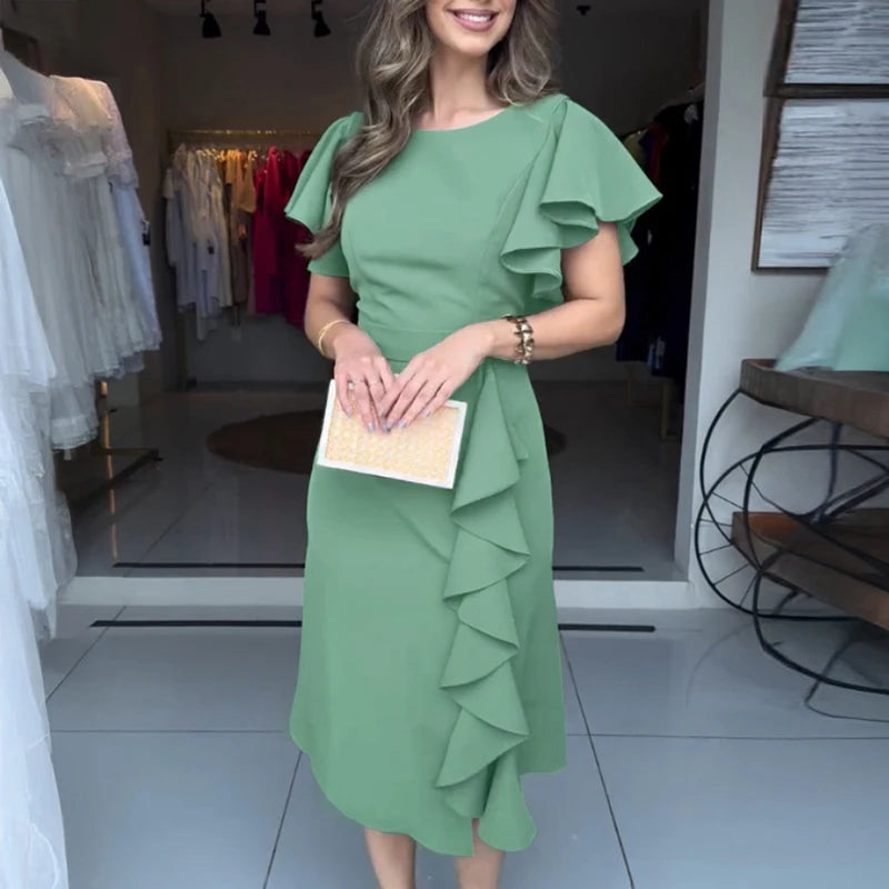Elegant Dresses for Women Short Sleeves Pleated Hem Slim Fit Dress Summer Solid Color Elegant Pleated Hem A-Line Women's Dress