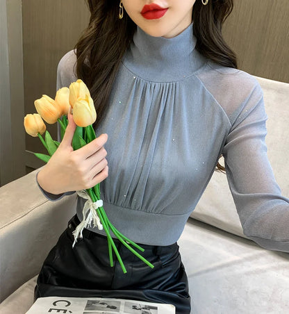 Tops Woman Autumn Winter Red Long Sleeve T Shirt for Women Rhinestone Turtleneck Glitter Sequin Cheap Clothes Elegant Clearance