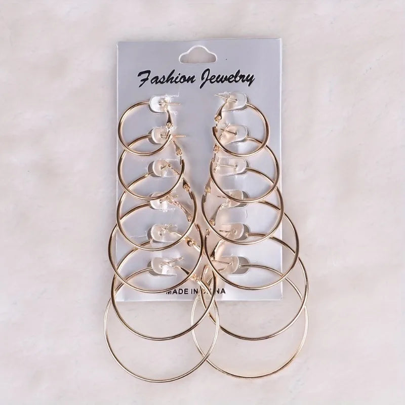 6 Pairs of Fashionable, Classic, Versatile, Personalized, Exaggerated Metal Round Women's Earring Set, Suitable for Daily Wear