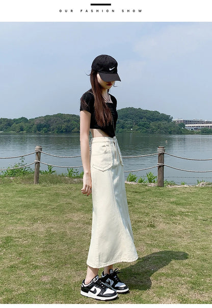 Apricot Denim Skirt Summer Women's 2024 New High Waist Slim Fashion Design Pocket Hip A-line Ankle-length Jean Skirt