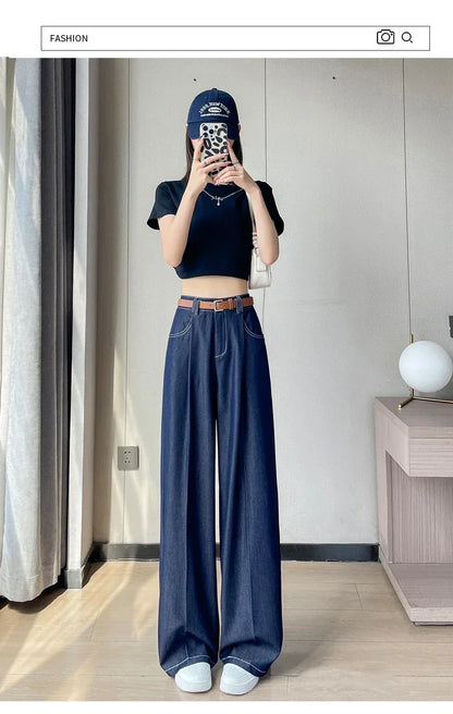 Women's Casual Basic Style Tencel Soft Ice Silk High Waisted Straight Jeans Female Commute Wide-Leg Light Blue Jeans